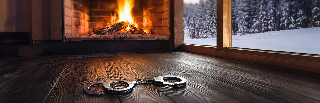 Cuffing Season Handschellen vor Kamin in Hütte im Winter