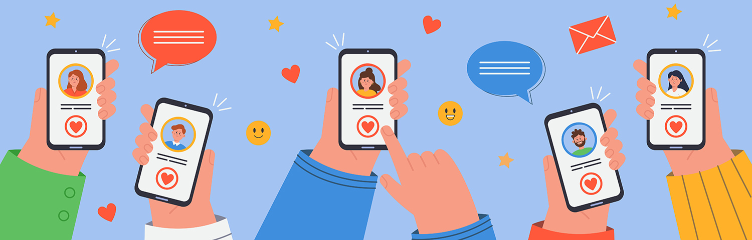 Hands of adult people using online dating app in mobile phones